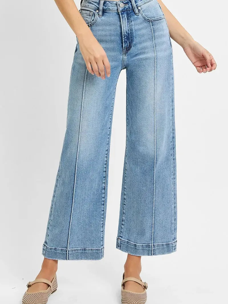 Risen Sky Stride High Rise Crop Wide Leg Jeans in Light Stone-Women's Jeans-Shop Z & Joxa