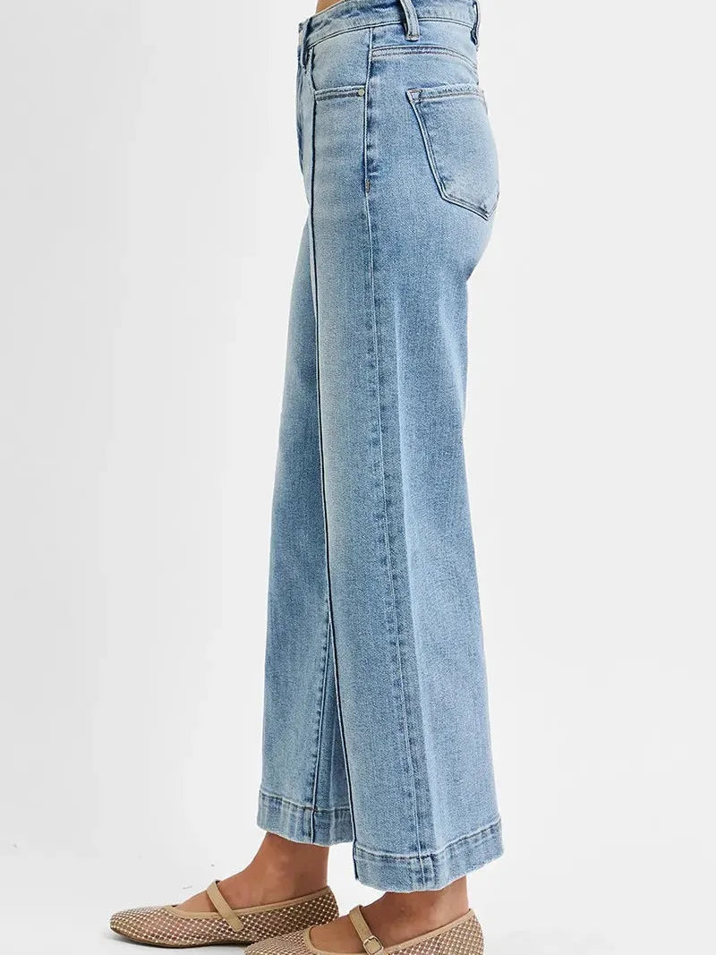 Risen Sky Stride High Rise Crop Wide Leg Jeans in Light Stone-Women's Jeans-Shop Z & Joxa