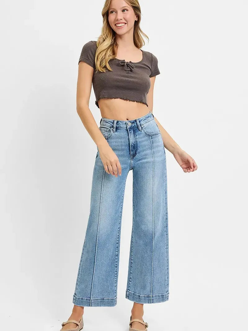 Risen Sky Stride High Rise Crop Wide Leg Jeans in Light Stone-Women's Jeans-Shop Z & Joxa