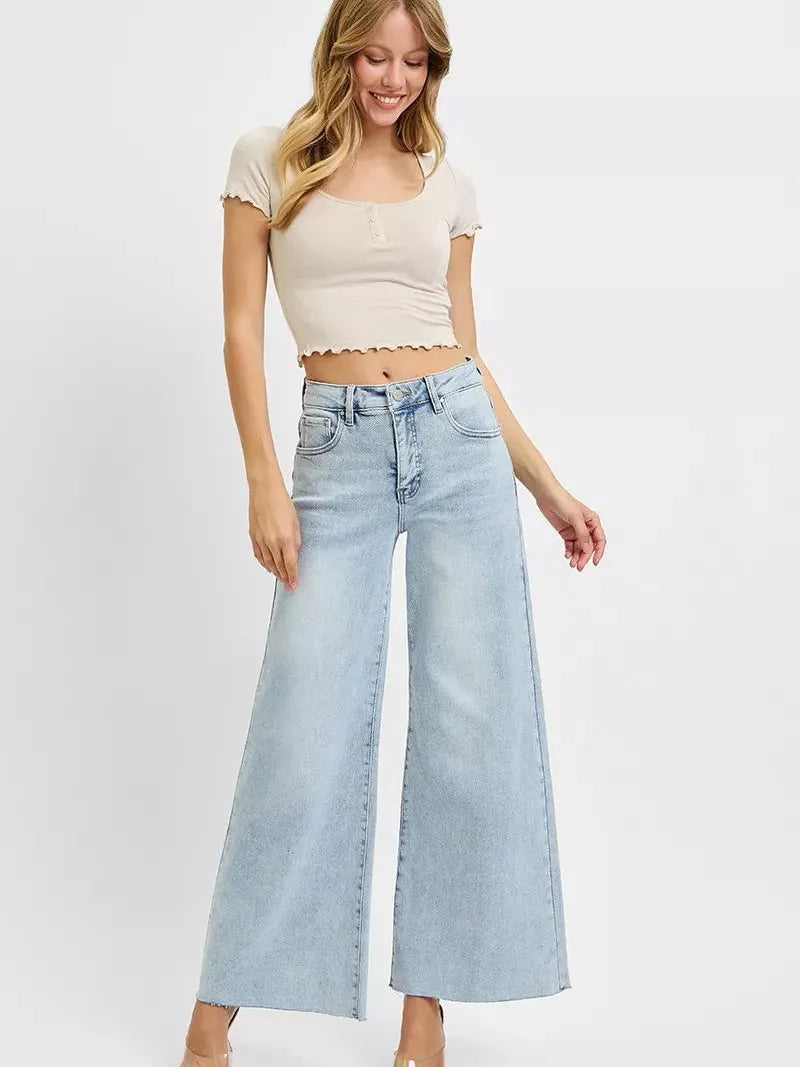 Risen Skyline High Rise Wide Palazzo Cropped Jeans-Women's Jeans-Shop Z & Joxa