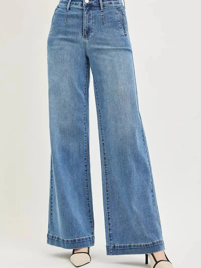 Risen Smooth Motion Control Elastic Band High Rise Wide Jeans-Women's Jeans-Shop Z & Joxa