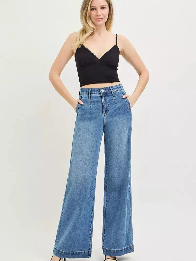 Risen Smooth Motion Control Elastic Band High Rise Wide Jeans-Women's Jeans-Shop Z & Joxa