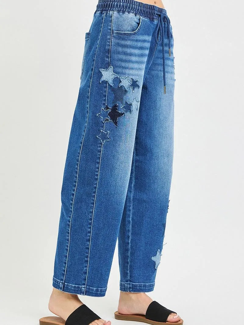 Risen Starstruck Elastic Slouchy Cropped Barrel with Star Patch-Women's Jeans-Shop Z & Joxa
