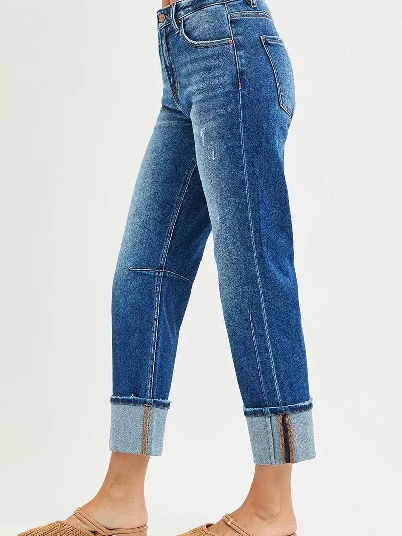 Risen Stone Affair High Rise Straight Cut Cropped Cuff Jeans-Women's Jeans-Shop Z & Joxa