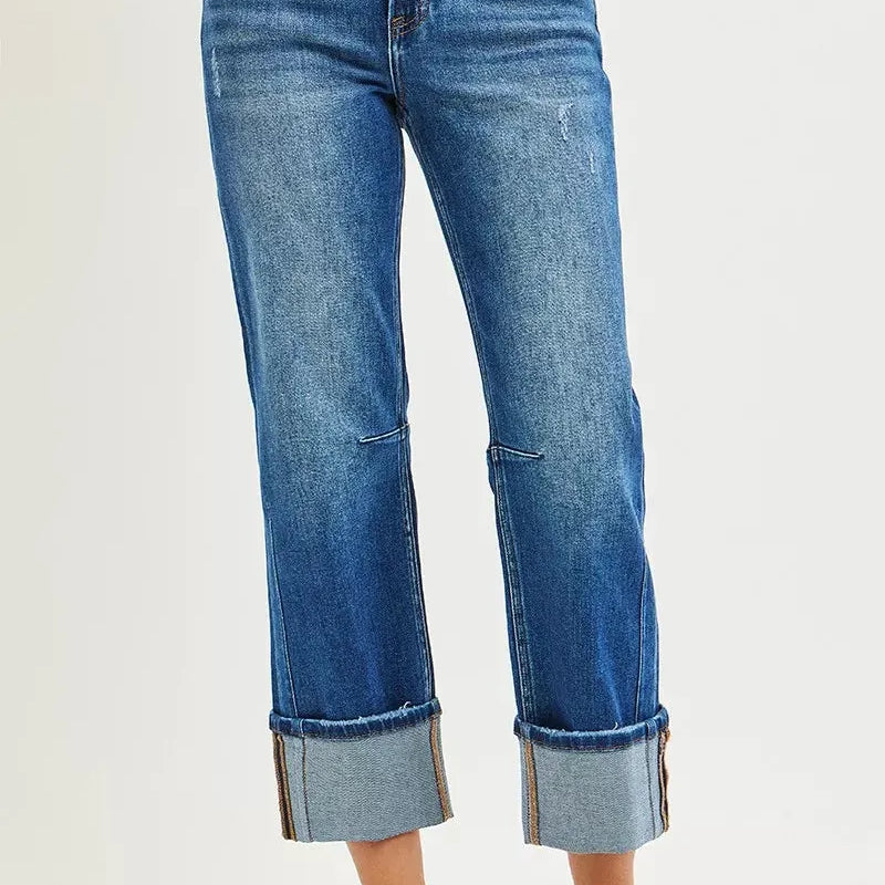 Risen Stone Affair High Rise Straight Cut Cropped Cuff Jeans-Women's Jeans-Shop Z & Joxa