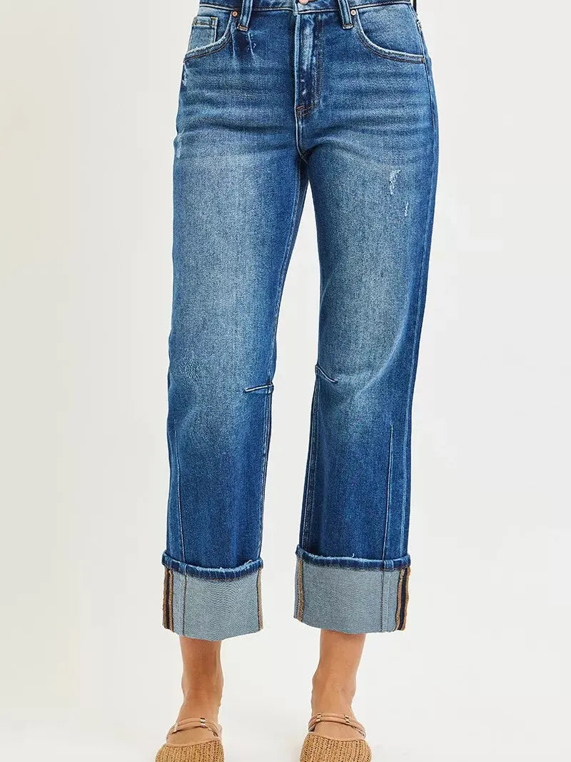 Risen Stone Affair High Rise Straight Cut Cropped Cuff Jeans-Women's Jeans-Shop Z & Joxa