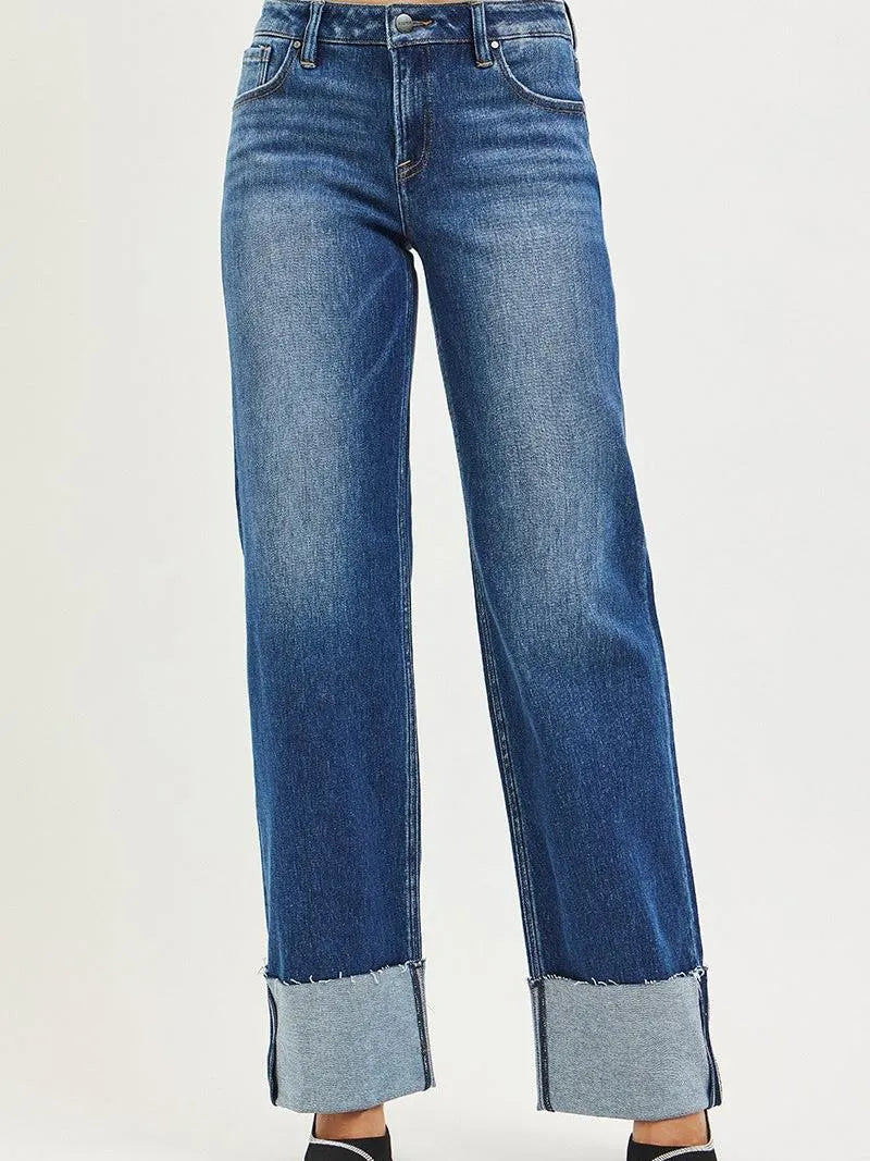 Risen Stone Fold Mid Rise Wide Leg Jeans With Raw Hem Cuffs-Women's Jeans-Shop Z & Joxa