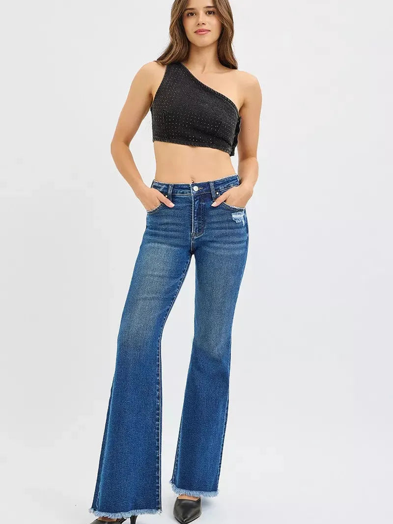 Risen Stone Kissed Flair High Rise Flare Fringe Hem Jeans-Women's Jeans-Shop Z & Joxa
