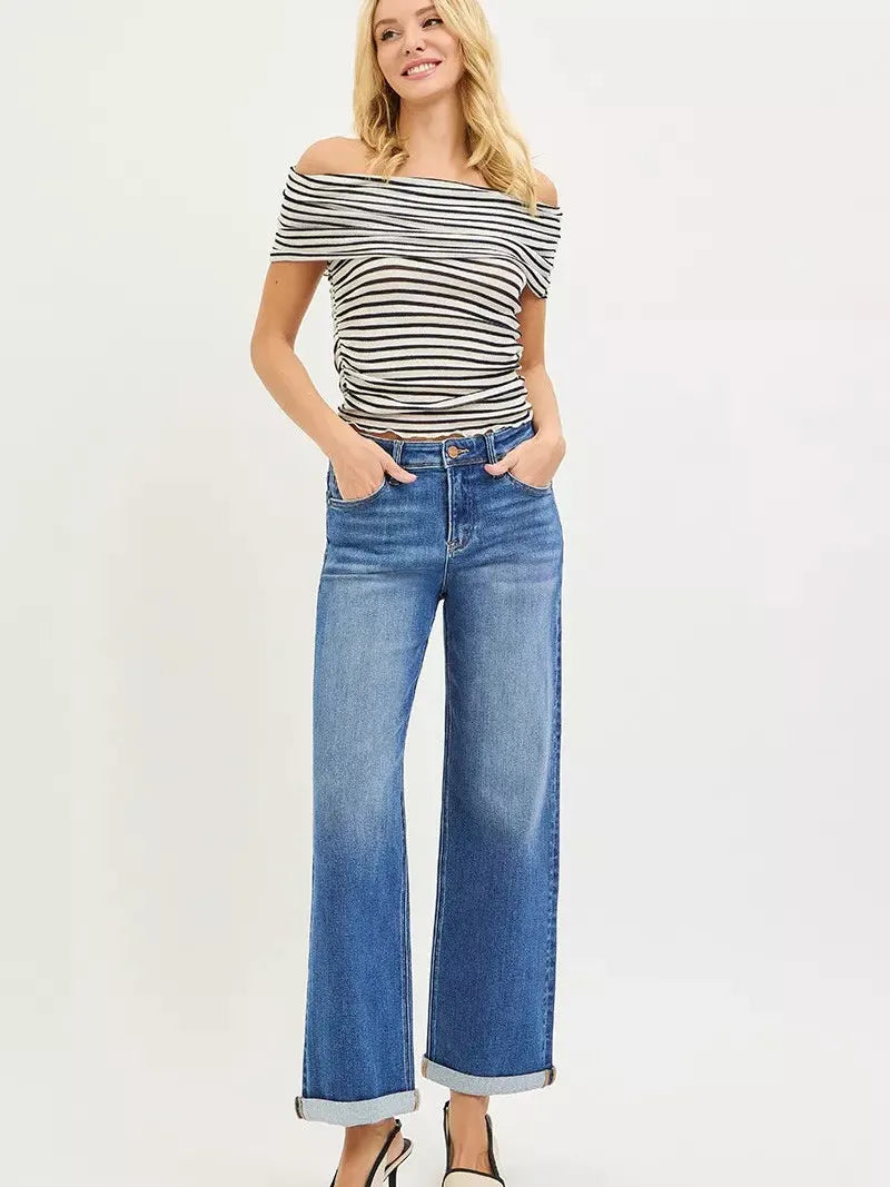 Risen Straight Talk High Rise Fit Ankle Length Cuffed Jeans-Women's Jeans-Shop Z & Joxa