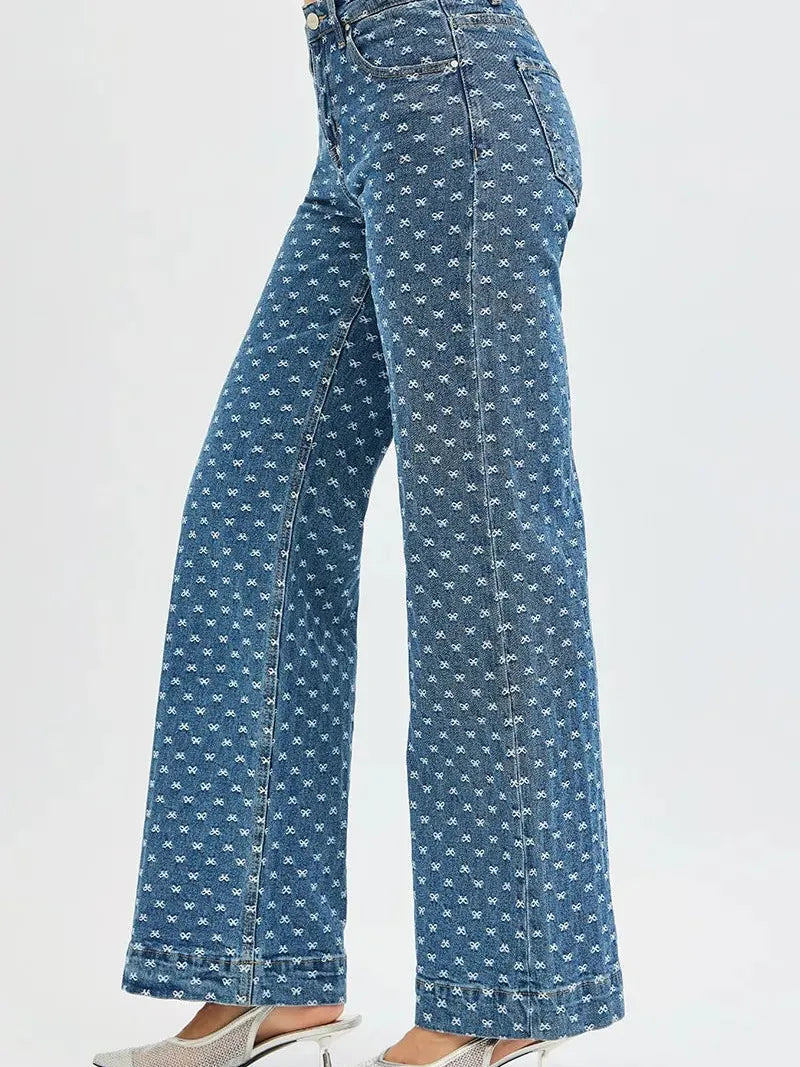 Risen Sweet Stitch High Rise Wide Leg Bow Embroidered Jeans in Dark Stone-Women's Jeans-Shop Z & Joxa