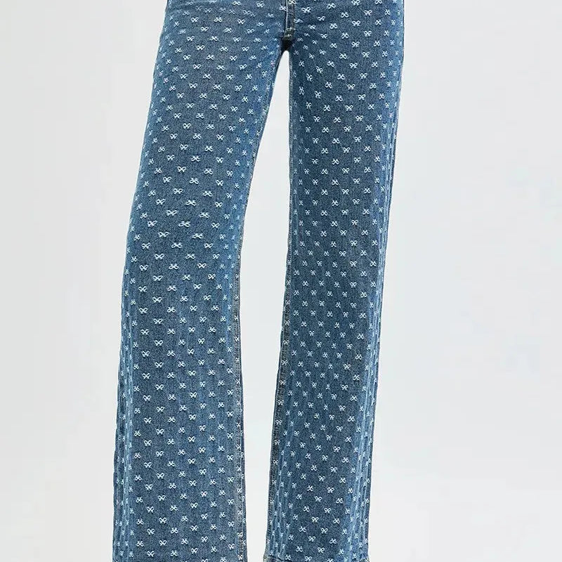 Risen Sweet Stitch High Rise Wide Leg Bow Embroidered Jeans in Dark Stone-Women's Jeans-Shop Z & Joxa