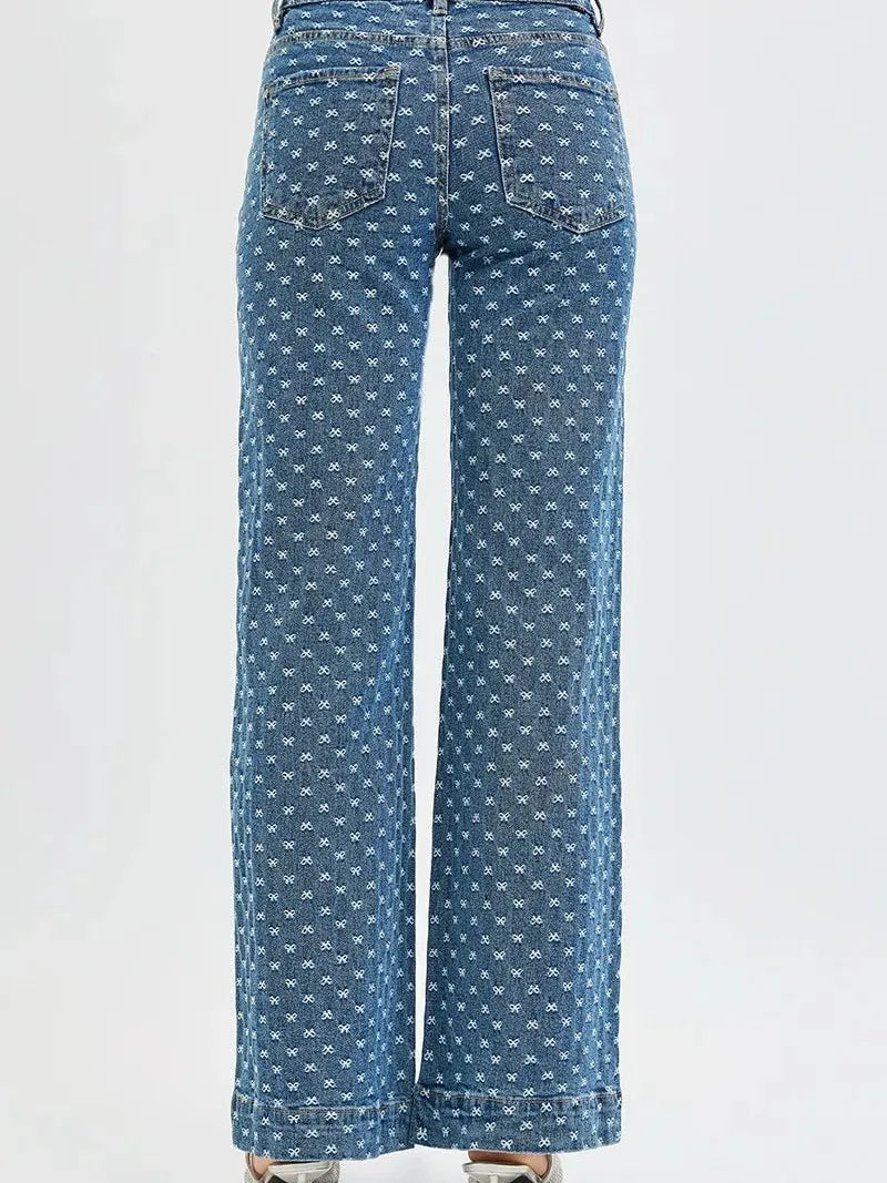 Risen Sweet Stitch High Rise Wide Leg Bow Embroidered Jeans in Dark Stone-Women's Jeans-Shop Z & Joxa
