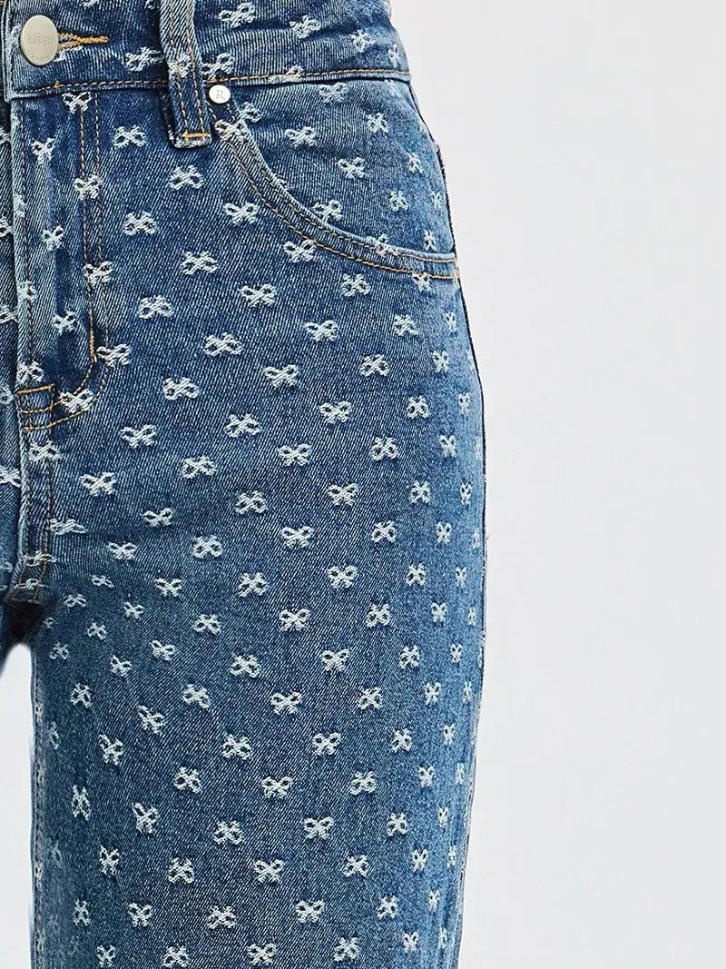 Risen Sweet Stitch High Rise Wide Leg Bow Embroidered Jeans in Dark Stone-Women's Jeans-Shop Z & Joxa