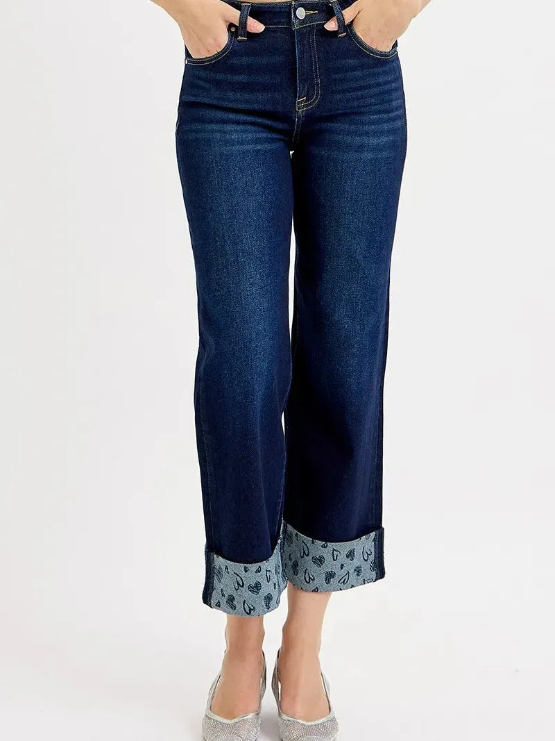Risen SweetHeart Mid Rise Fit Crop Wide With Printed Cuff Jeans-Women's Jeans-Shop Z & Joxa