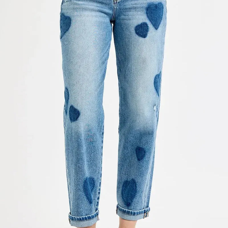 Risen Sweetheart Wash Mid Rise Fit-Boyfriend Heart Print Jeans-Women's Jeans-Shop Z & Joxa
