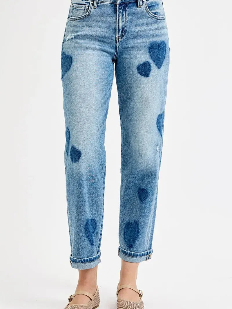 Risen Sweetheart Wash Mid Rise Fit-Boyfriend Heart Print Jeans-Women's Jeans-Shop Z & Joxa