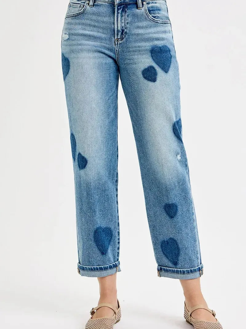 Risen Sweetheart Wash Mid Rise Fit-Boyfriend Heart Print Jeans-Women's Jeans-Shop Z & Joxa