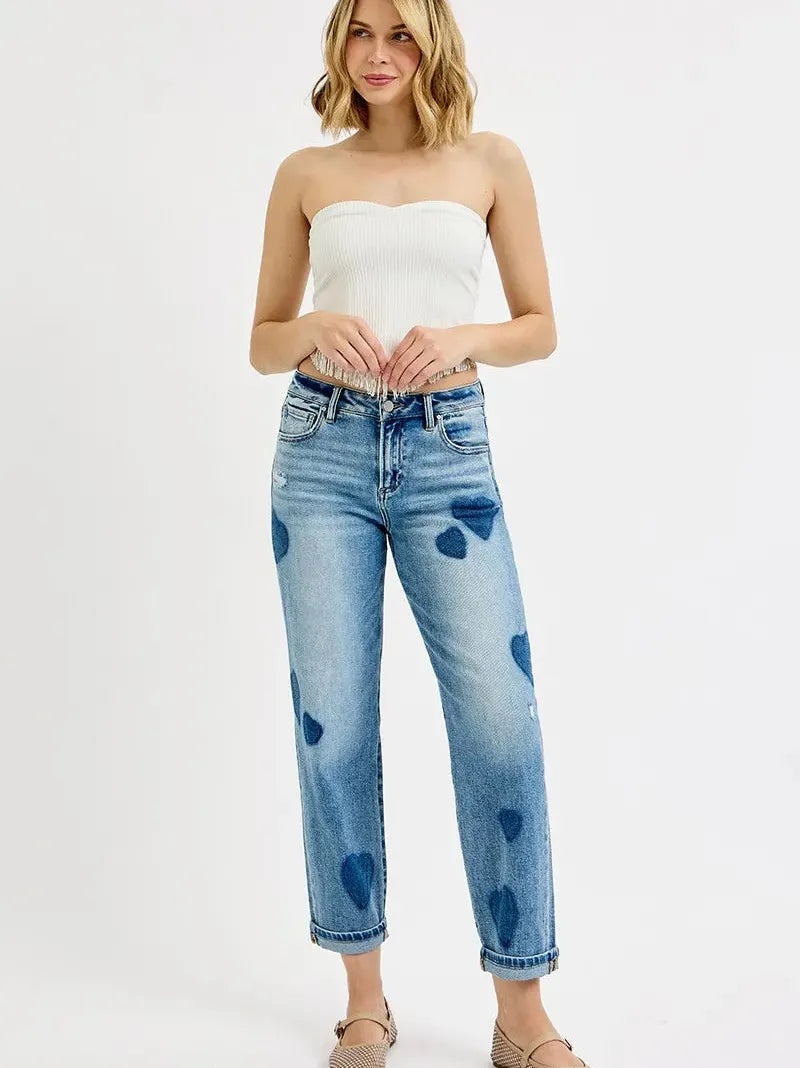 Risen Sweetheart Wash Mid Rise Fit-Boyfriend Heart Print Jeans-Women's Jeans-Shop Z & Joxa