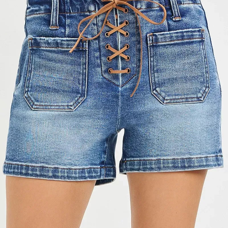 Risen Tie it Together High Rise Front Tie Up Shorts with Patch Pockets-Women's Shorts-Shop Z & Joxa