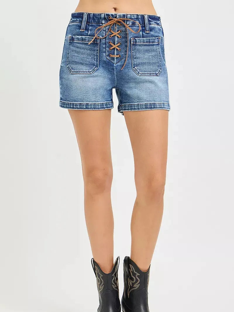 Risen Tie it Together High Rise Front Tie Up Shorts with Patch Pockets-Women's Shorts-Shop Z & Joxa