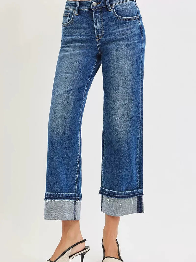 Risen Timeless Edge Mid Rise Ankle Straight Cuff Hem Jeans-Women's Jeans-Shop Z & Joxa