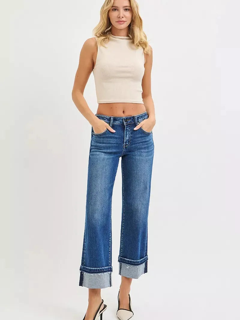 Risen Timeless Edge Mid Rise Ankle Straight Cuff Hem Jeans-Women's Jeans-Shop Z & Joxa