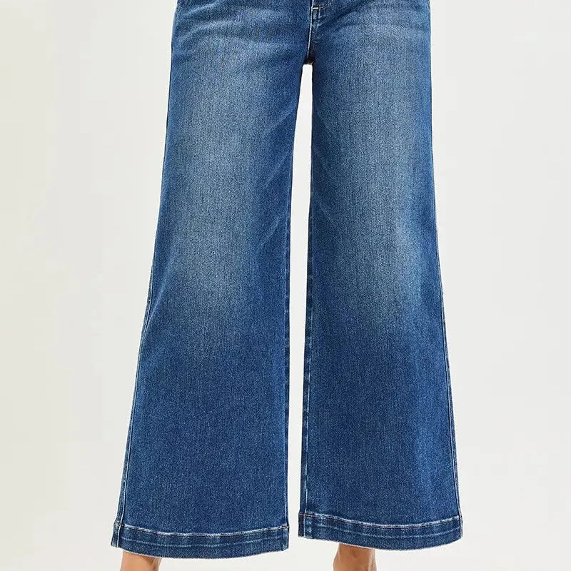 Risen Triple Threat High Rise Wide Leg Crop Jeans Buttons-Women's Jeans-Shop Z & Joxa