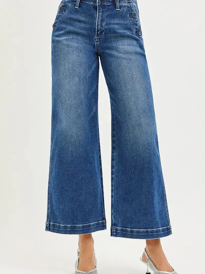 Risen Triple Threat High Rise Wide Leg Crop Jeans Buttons-Women's Jeans-Shop Z & Joxa