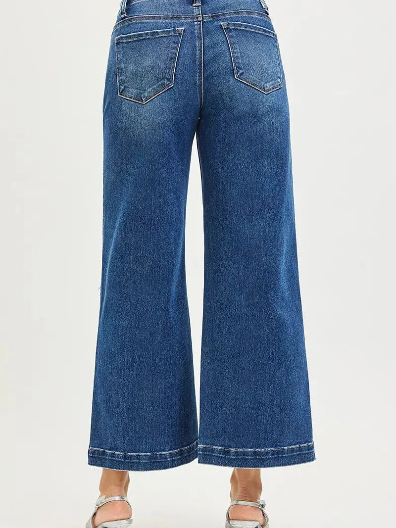 Risen Triple Threat High Rise Wide Leg Crop Jeans Buttons-Women's Jeans-Shop Z & Joxa