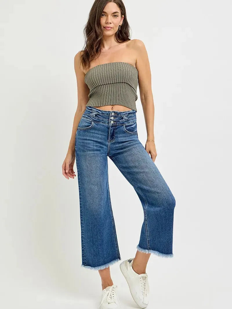 Risen Triple Threat High Rise Wide Leg Cropped Jeans with Wide Band-Women's Jeans-Shop Z & Joxa