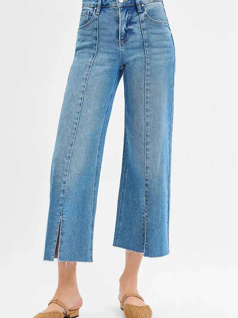 Risen Twist and Turn Tummy Control Mid Rise Crop Wide Front Slit Jeans-Women's Jeans-Shop Z & Joxa
