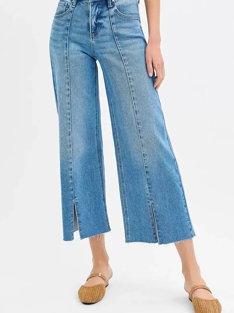 Risen Twist and Turn Tummy Control Mid Rise Crop Wide Front Slit Jeans-Women's Jeans-Shop Z & Joxa