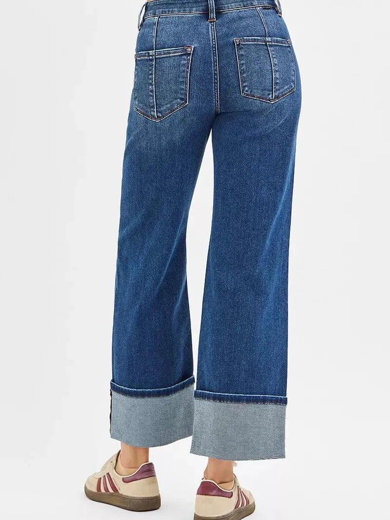 Risen Urban Drift High Rise Crop Wide Straight Cuffed Jeans-Women's Jeans-Shop Z & Joxa