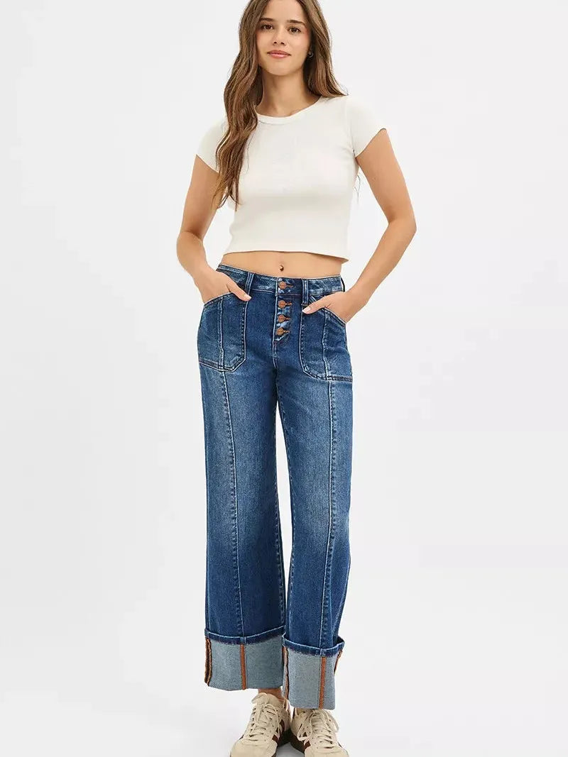 Risen Urban Drift High Rise Crop Wide Straight Cuffed Jeans-Women's Jeans-Shop Z & Joxa