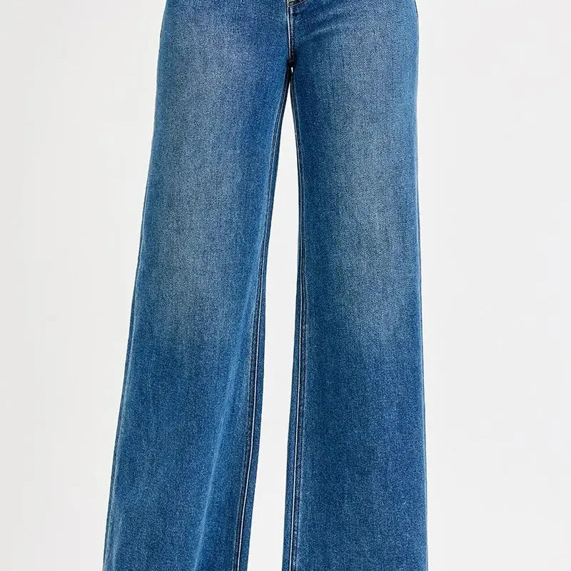 Risen UrbanWave High Waist Wide Leg Jeans in Medium Stone-Women's Jeans-Shop Z & Joxa