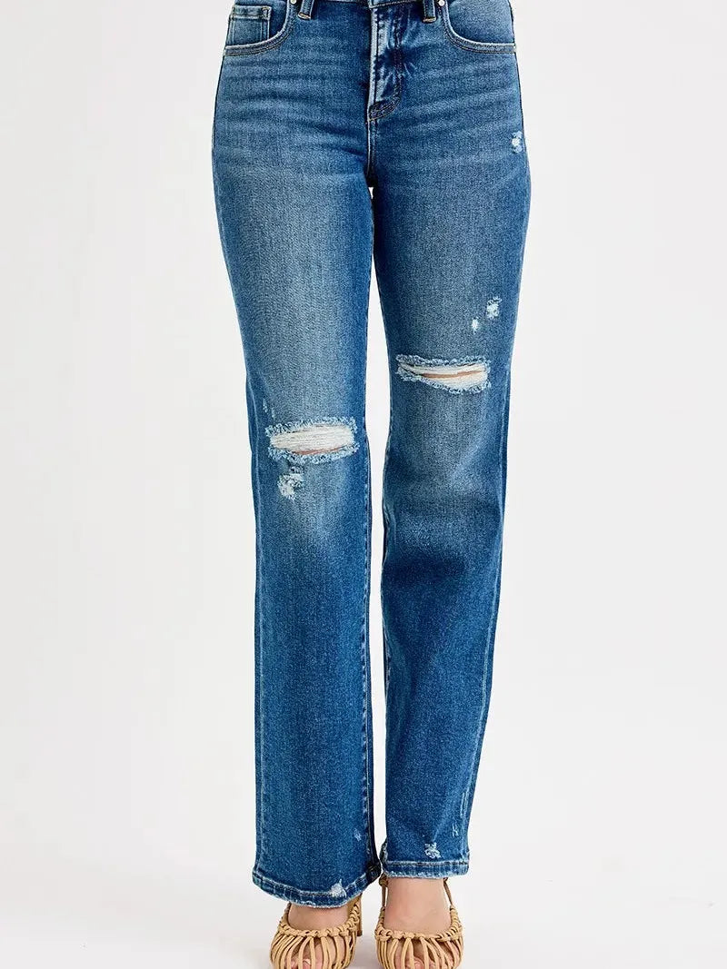 Risen Vintage Edge Tummy Control High-Rise Straight Jeans-Women's Jeans-Shop Z & Joxa