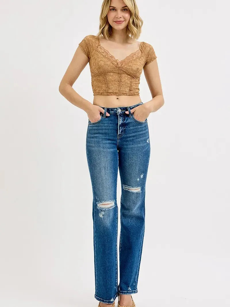 Risen Vintage Edge Tummy Control High-Rise Straight Jeans-Women's Jeans-Shop Z & Joxa