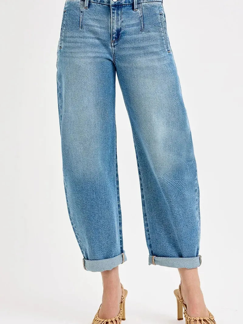 Risen Vintage Mid-rise Roll-Up Barrel Jeans-Women's Jeans-Shop Z & Joxa