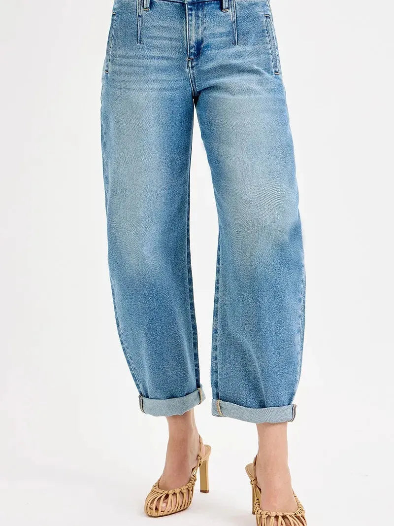 Risen Vintage Mid-rise Roll-Up Barrel Jeans-Women's Jeans-Shop Z & Joxa