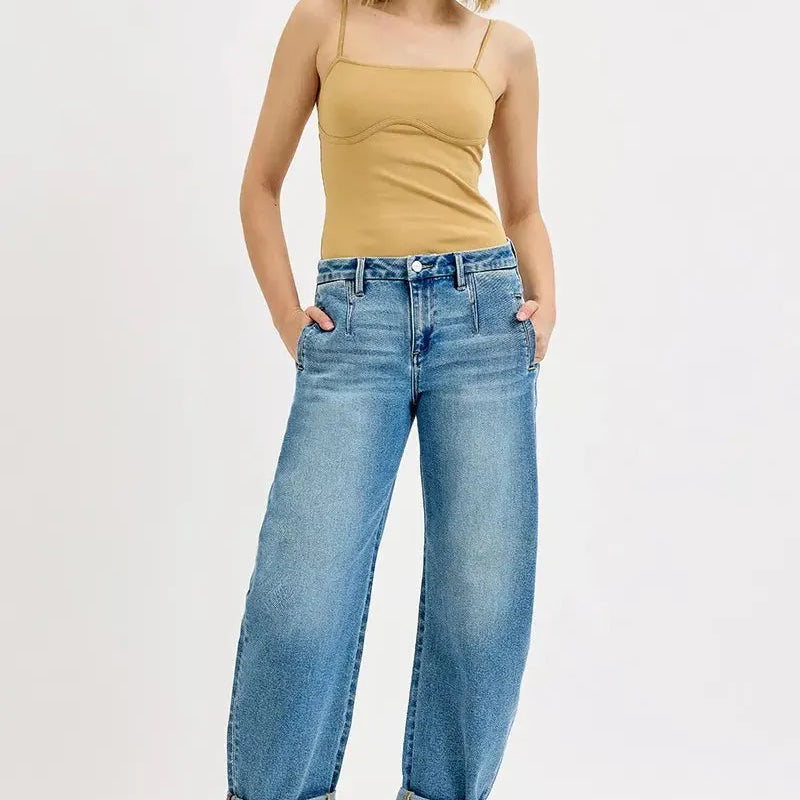 Risen Vintage Mid-rise Roll-Up Barrel Jeans-Women's Jeans-Shop Z & Joxa