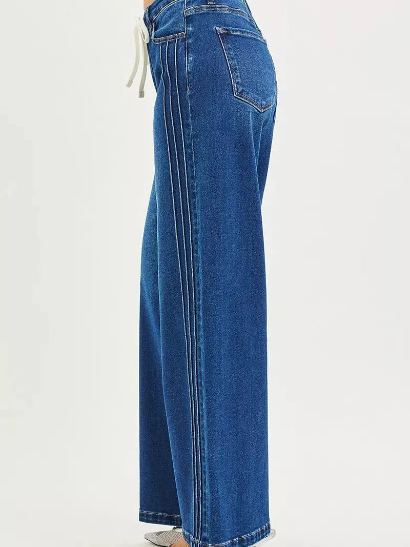 Risen Weekend Wander Front Tie Mid Rise Wide Leg Side Pintuck Jeans-Women's Jeans-Shop Z & Joxa