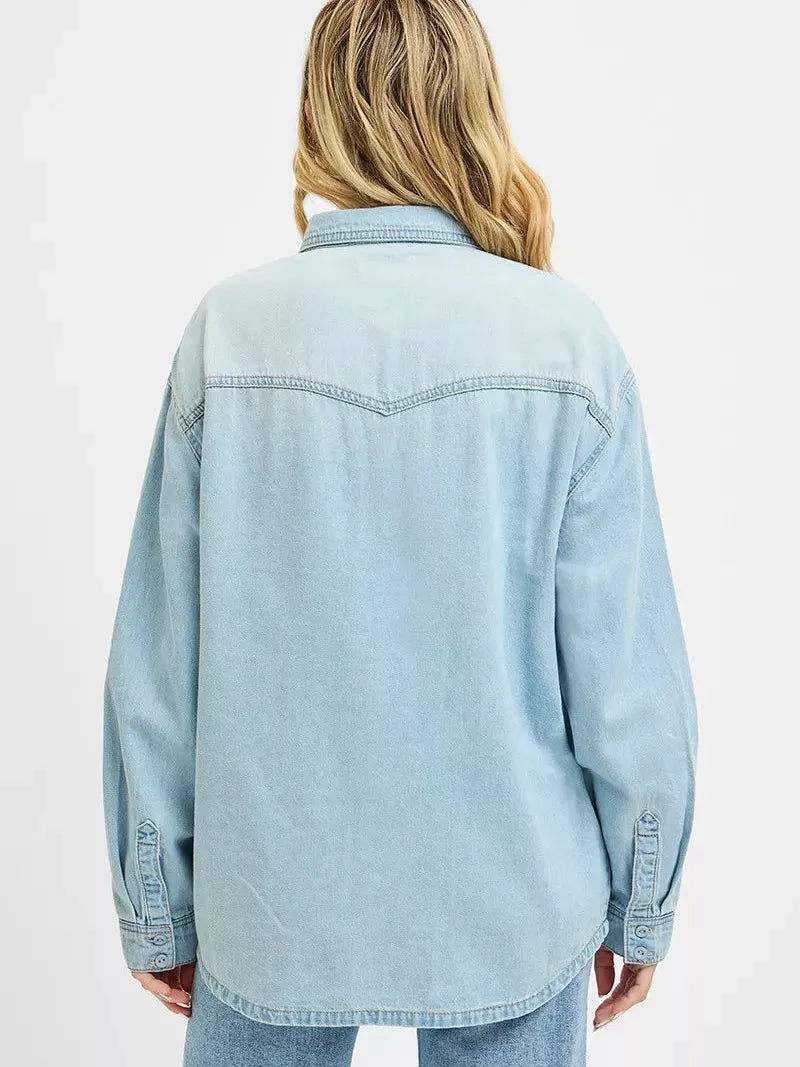Risen Wild West Western Yoke Relaxed Fit Denim Shirt-Women's Clothing-Shop Z & Joxa