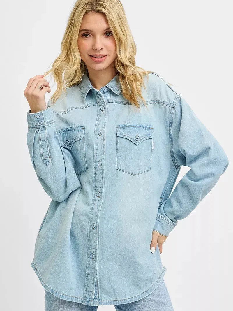Risen Wild West Western Yoke Relaxed Fit Denim Shirt-Women's Clothing-Shop Z & Joxa