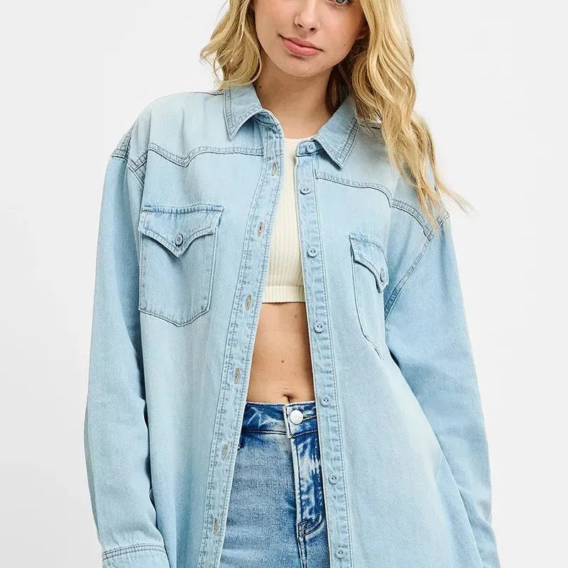 Risen Wild West Western Yoke Relaxed Fit Denim Shirt-Women's Clothing-Shop Z & Joxa