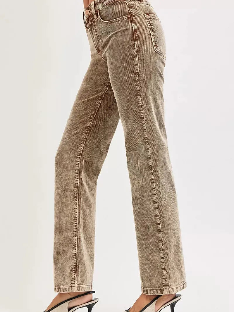 Risen Wildwood Tummy Control Mid Rise Corduroy Pants Driftwood-Women's Pants-Shop Z & Joxa