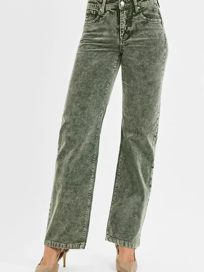 Risen Wildwood Tummy Control Mid Rise Corduroy Pants Forest-Jeans-Shop Z & Joxa