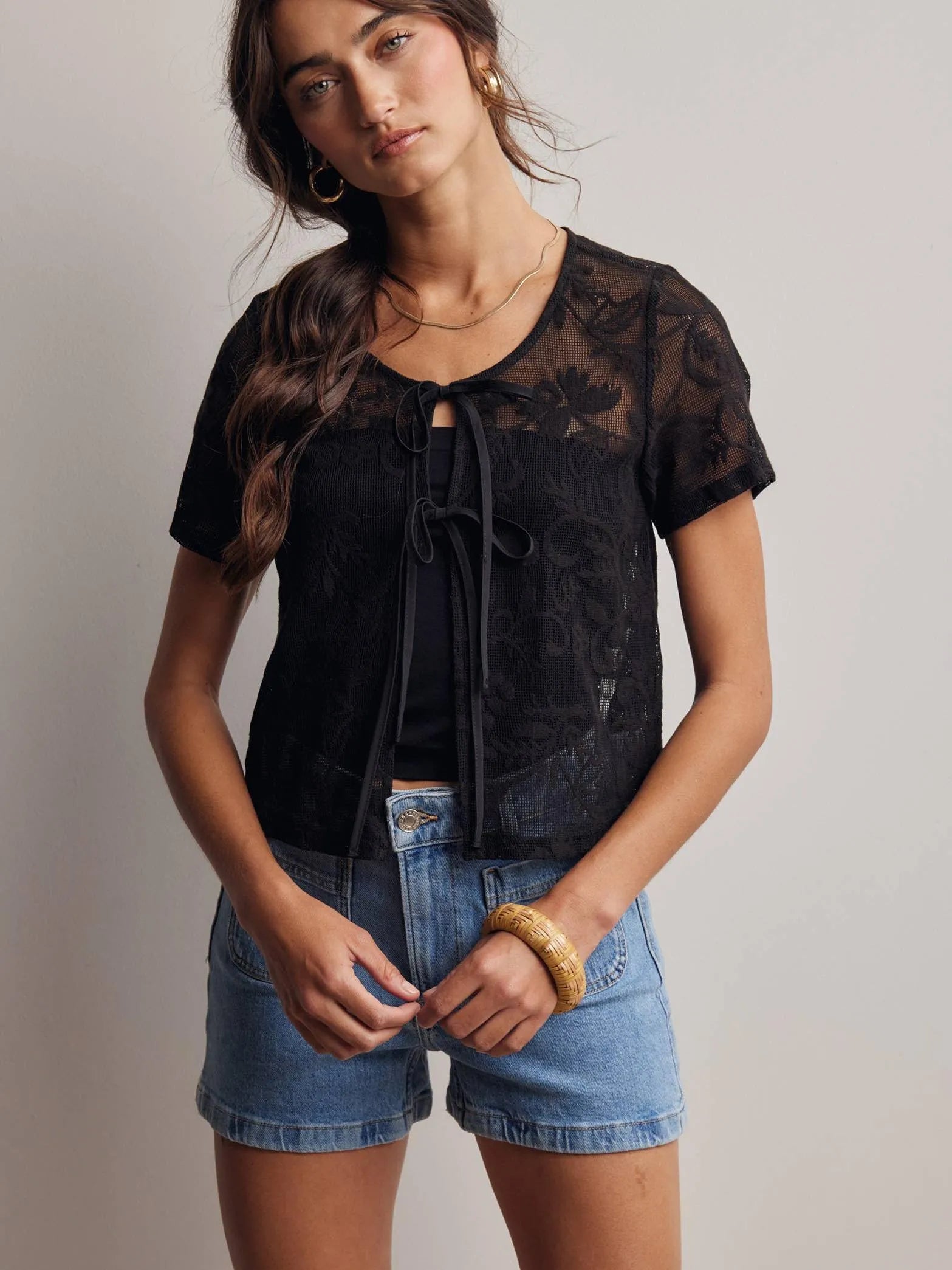 Romantic Edge Black Floral Lace Tie-Front Top-Women's Shirts & Tops-Shop Z & Joxa