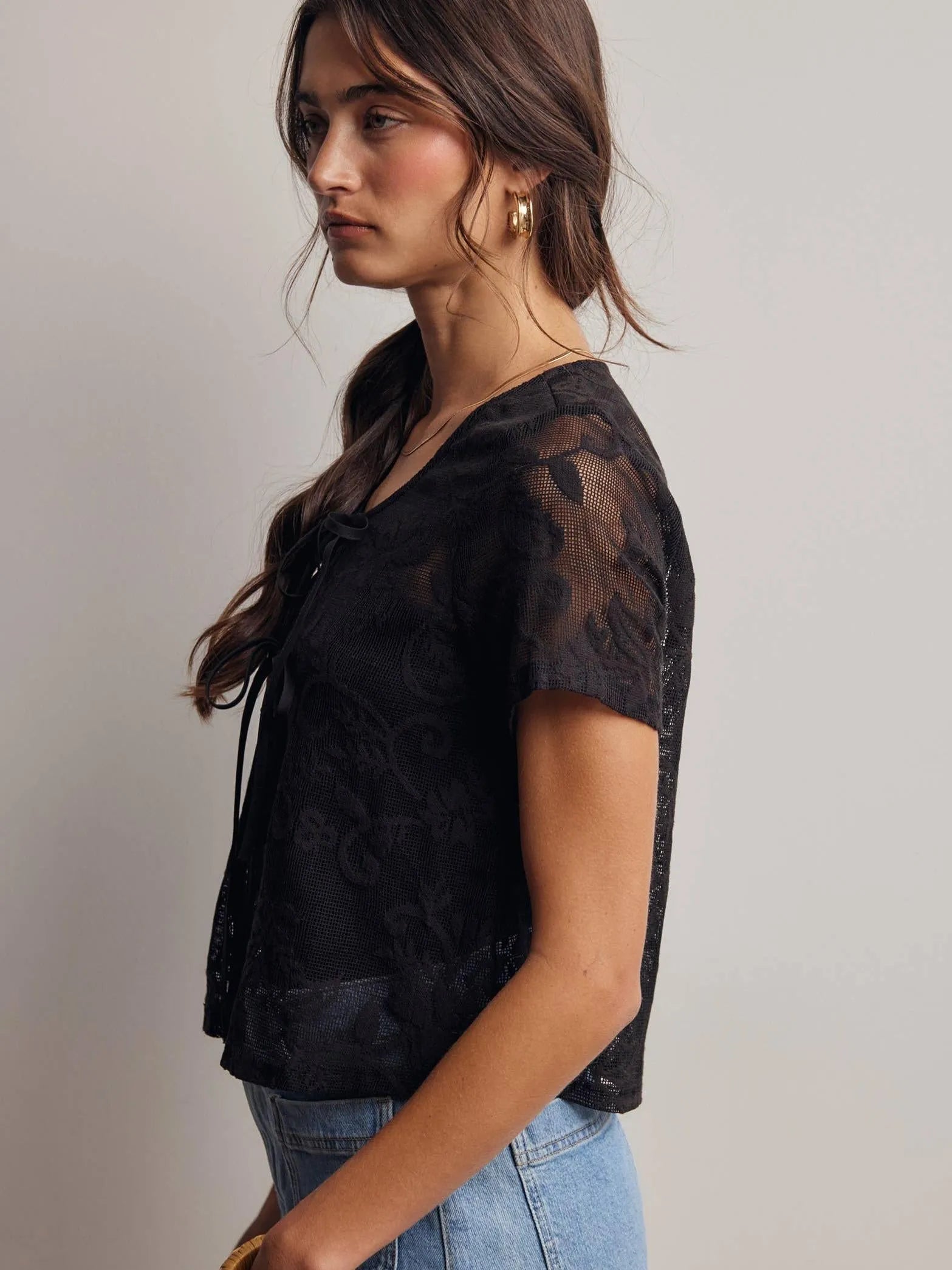 Romantic Edge Black Floral Lace Tie-Front Top-Women's Shirts & Tops-Shop Z & Joxa