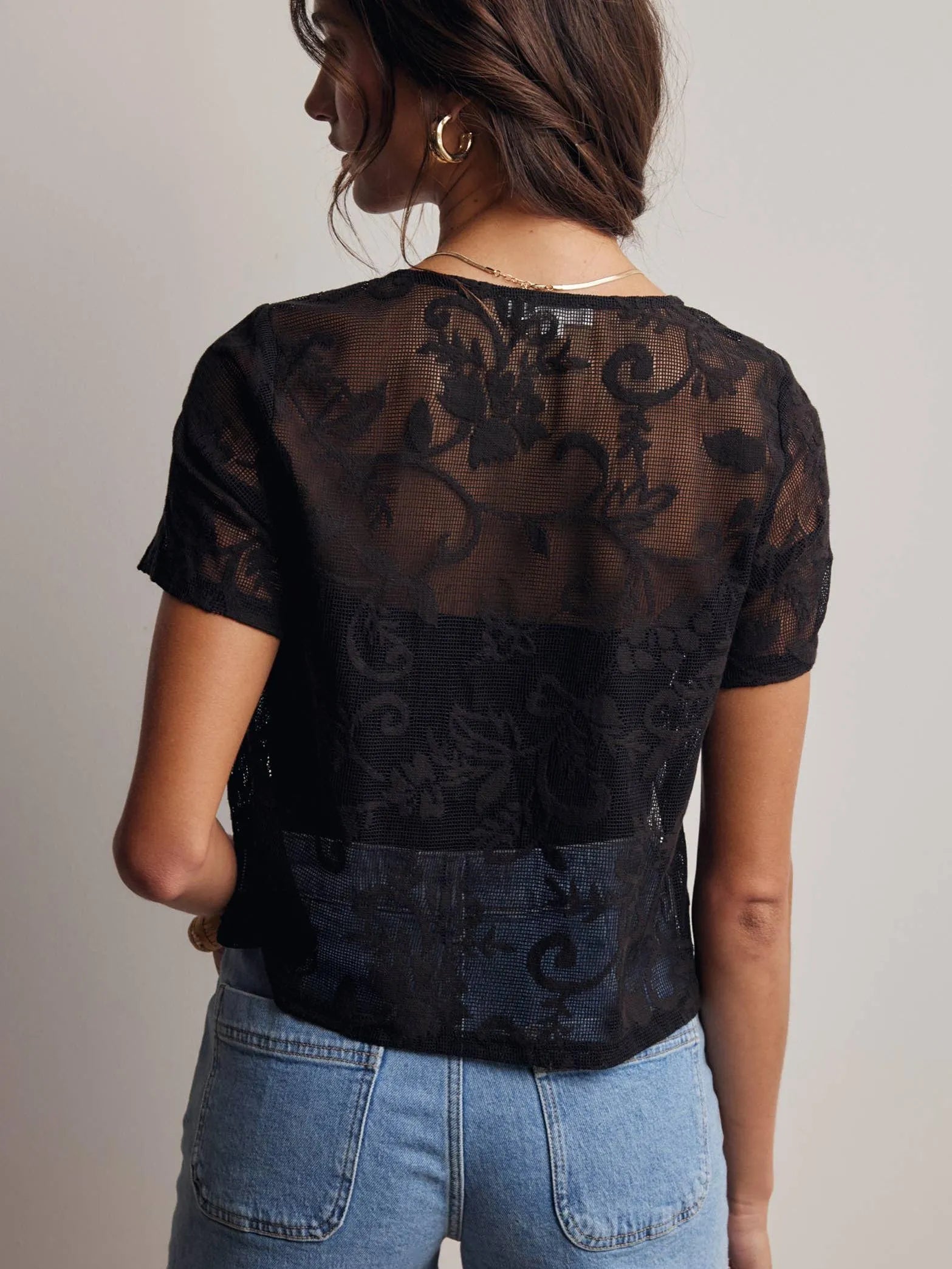 Romantic Edge Black Floral Lace Tie-Front Top-Women's Shirts & Tops-Shop Z & Joxa