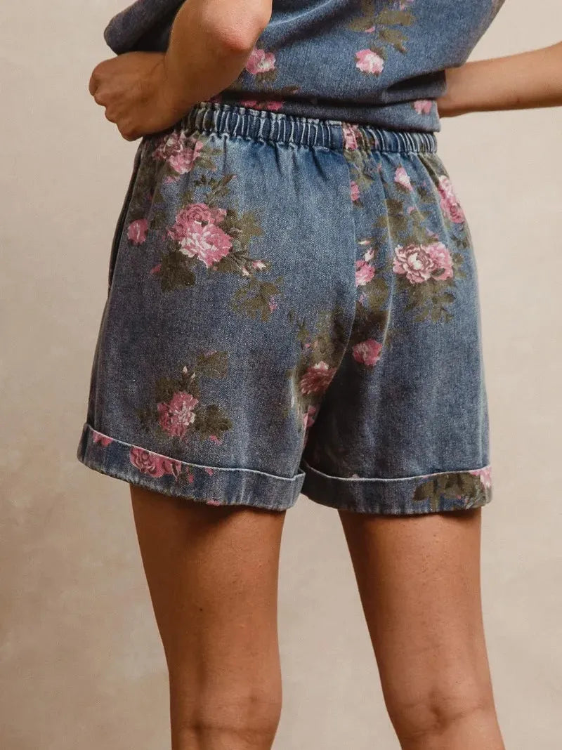 Rosy Days Floral Denim Shorts by BiBi-Women's Shorts-Shop Z & Joxa